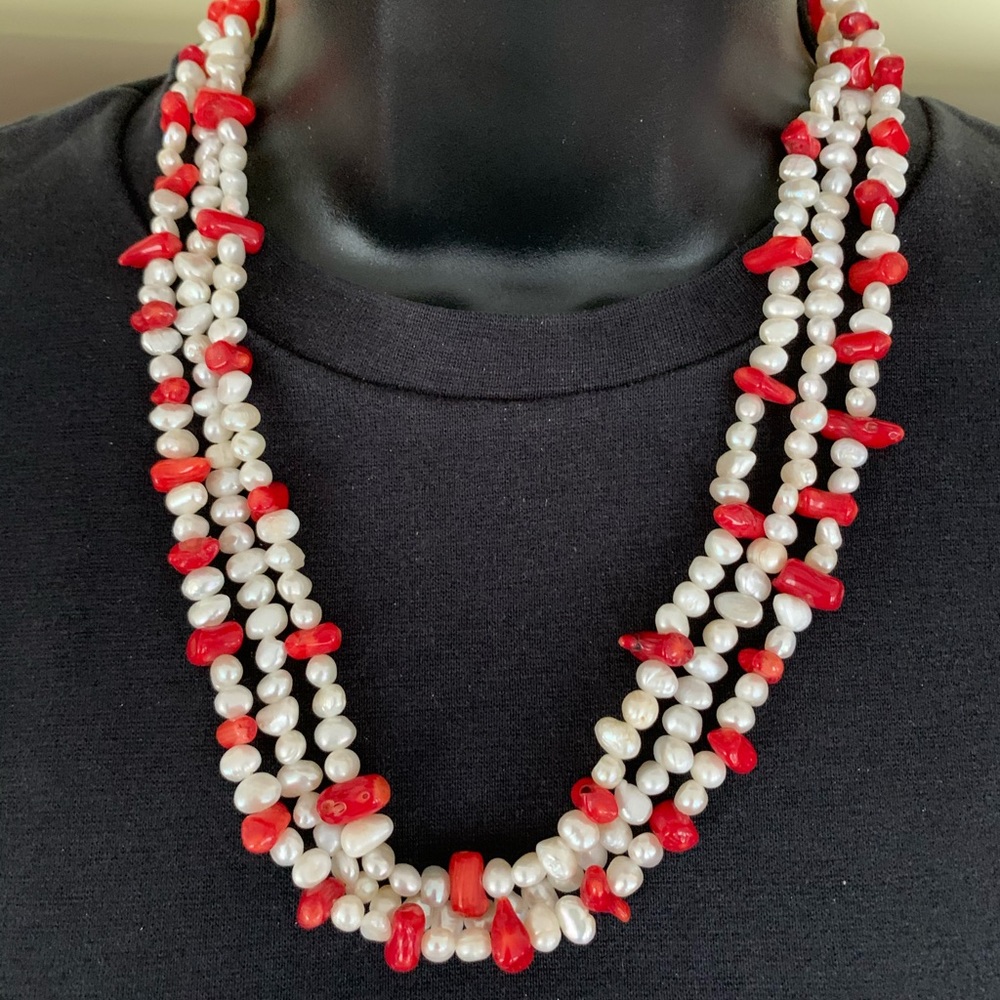 Vintage three strands of Real White Pearl Necklace blended With Real red Corals
